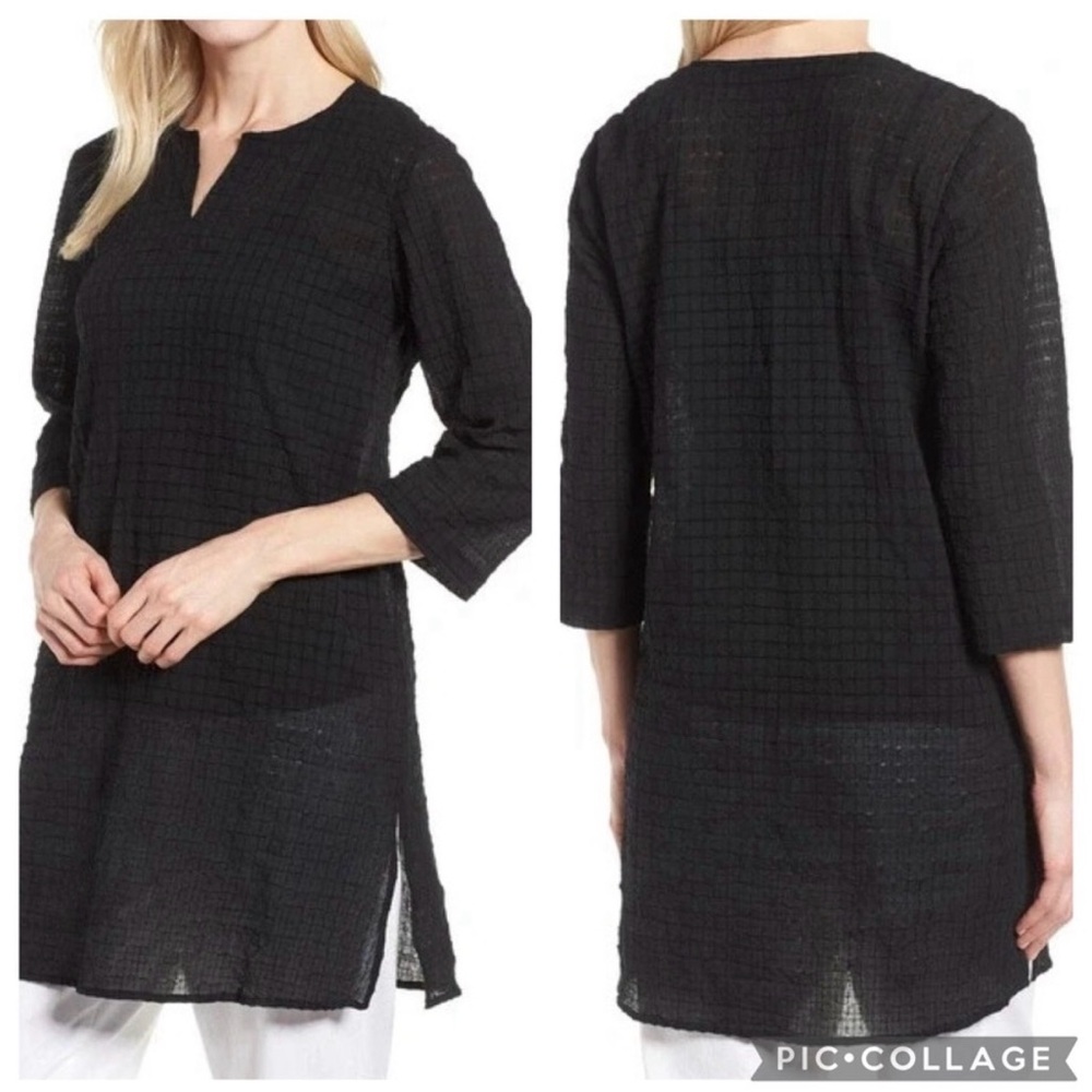 Eileen Fisher Black Organic Cotton Grid Textured Tunic Top L (Estimated)